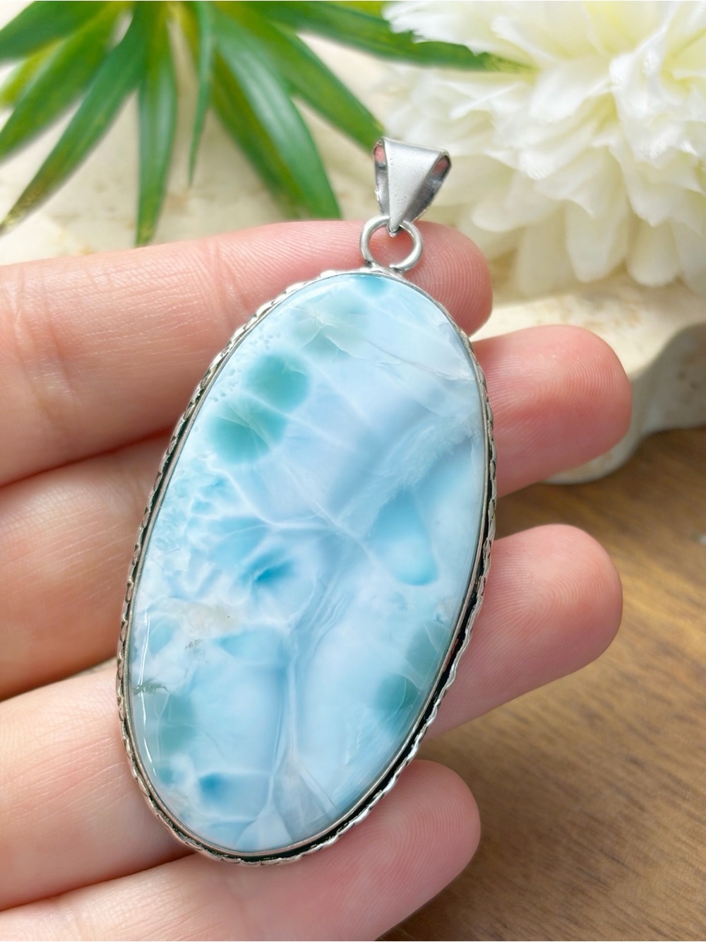Big Quality Larimar Pendant Southwest Vintage Style Sterling Silver 925 Overlay
